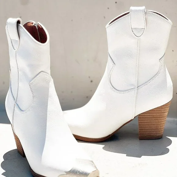 NEW White PU Leather Metal Cap Toe Block Heel Cowgirl Cowboy Western Ankle Boots - Picture 4 of 16